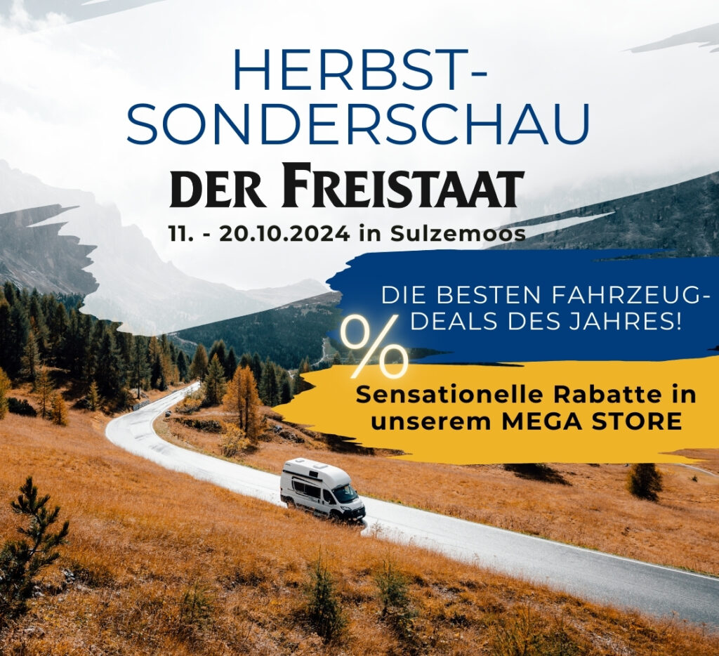 Flyer der Herbstsonderschau im Freistaat Sulzemoos. Alle Angebote und Schnäppchen zu Wohnmobilen, Wohnwagen und Zubehör.