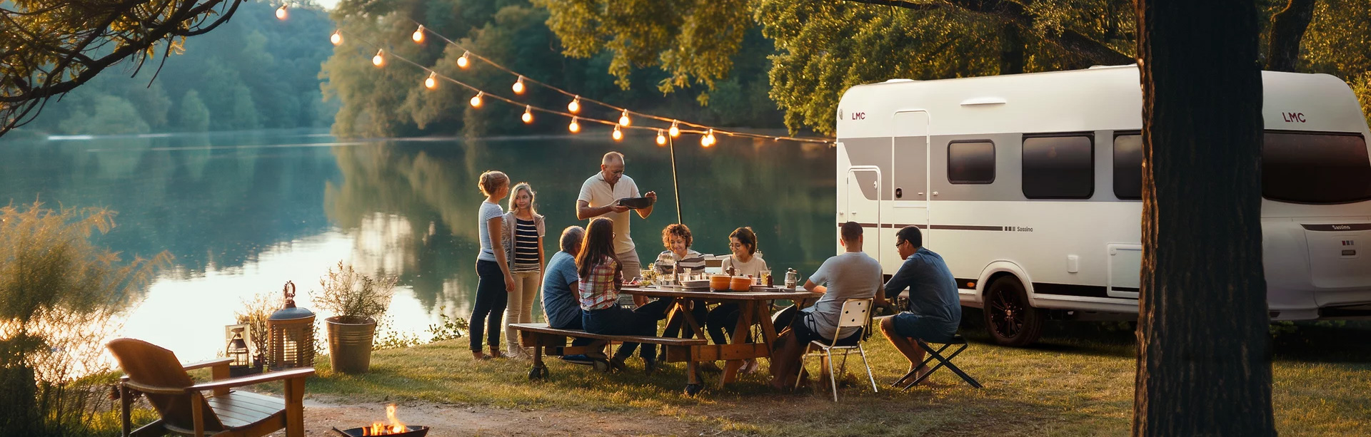 LMC Wohnwagen, Außenaufnahme mit Picknick am Fluß.